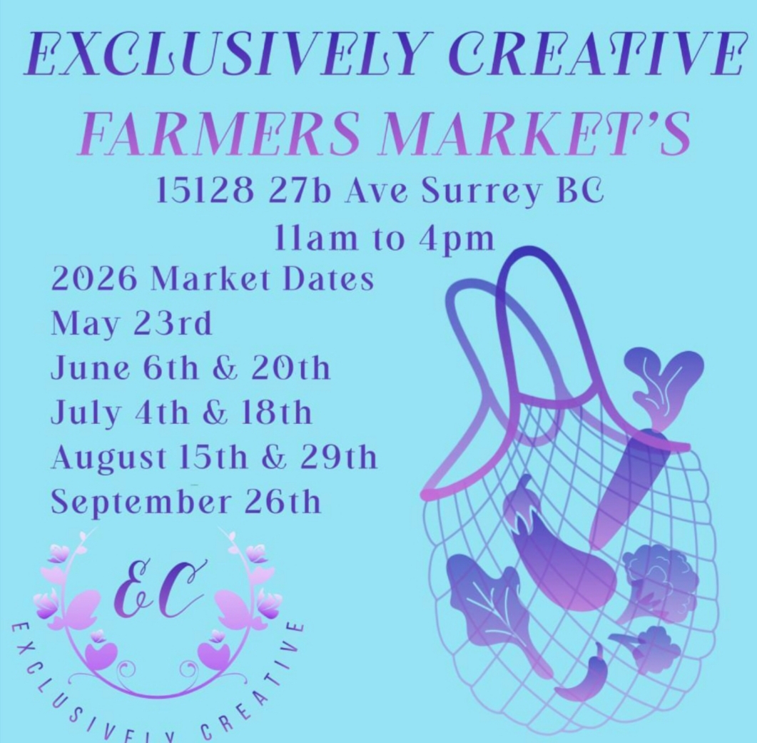 Poster for Exclusively Creative Farmers Market with 2026 market dates, Surrey BC address, and 11 a.m. to 4 p.m. time